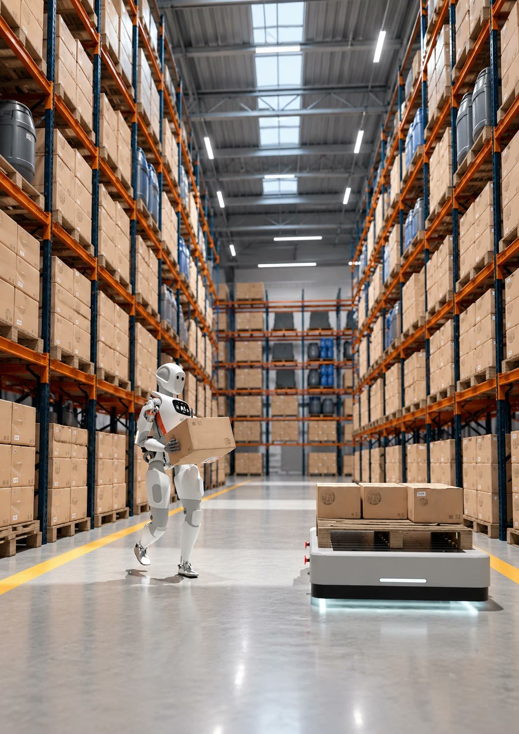 A humanoid robot carries a box past an autonomous pallet robot in a warehouse aisle